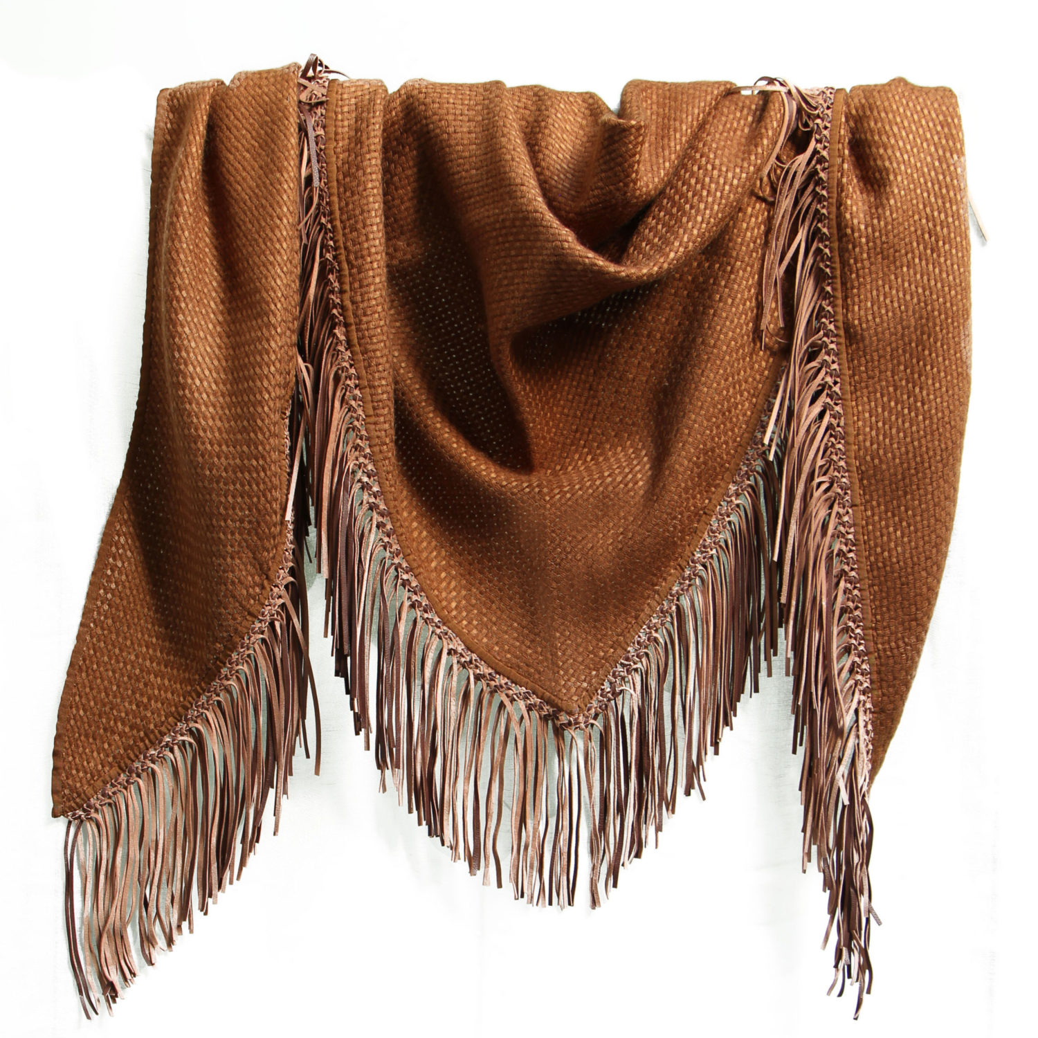 COGNAC TRIANGLE SCARF WITH LEATHER FRINGE