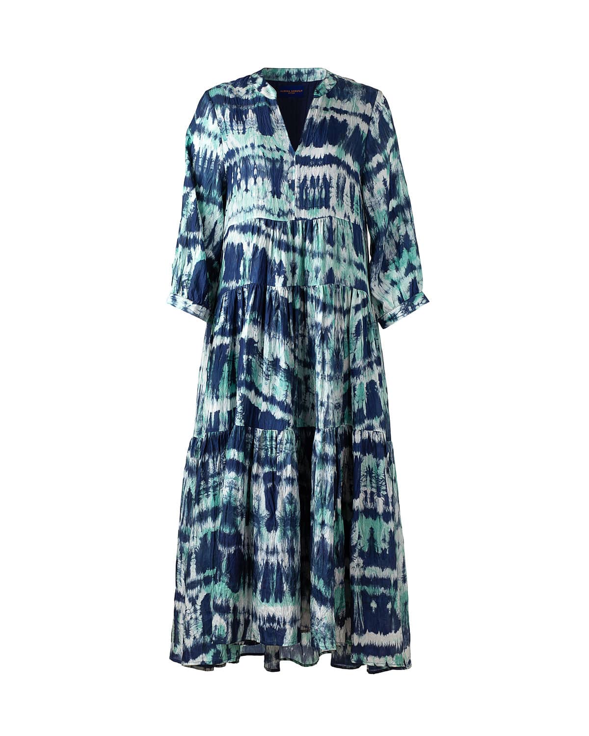 SHIU SILK DRESS TIEDYE MARBLE JADE-BLUE-CREAM