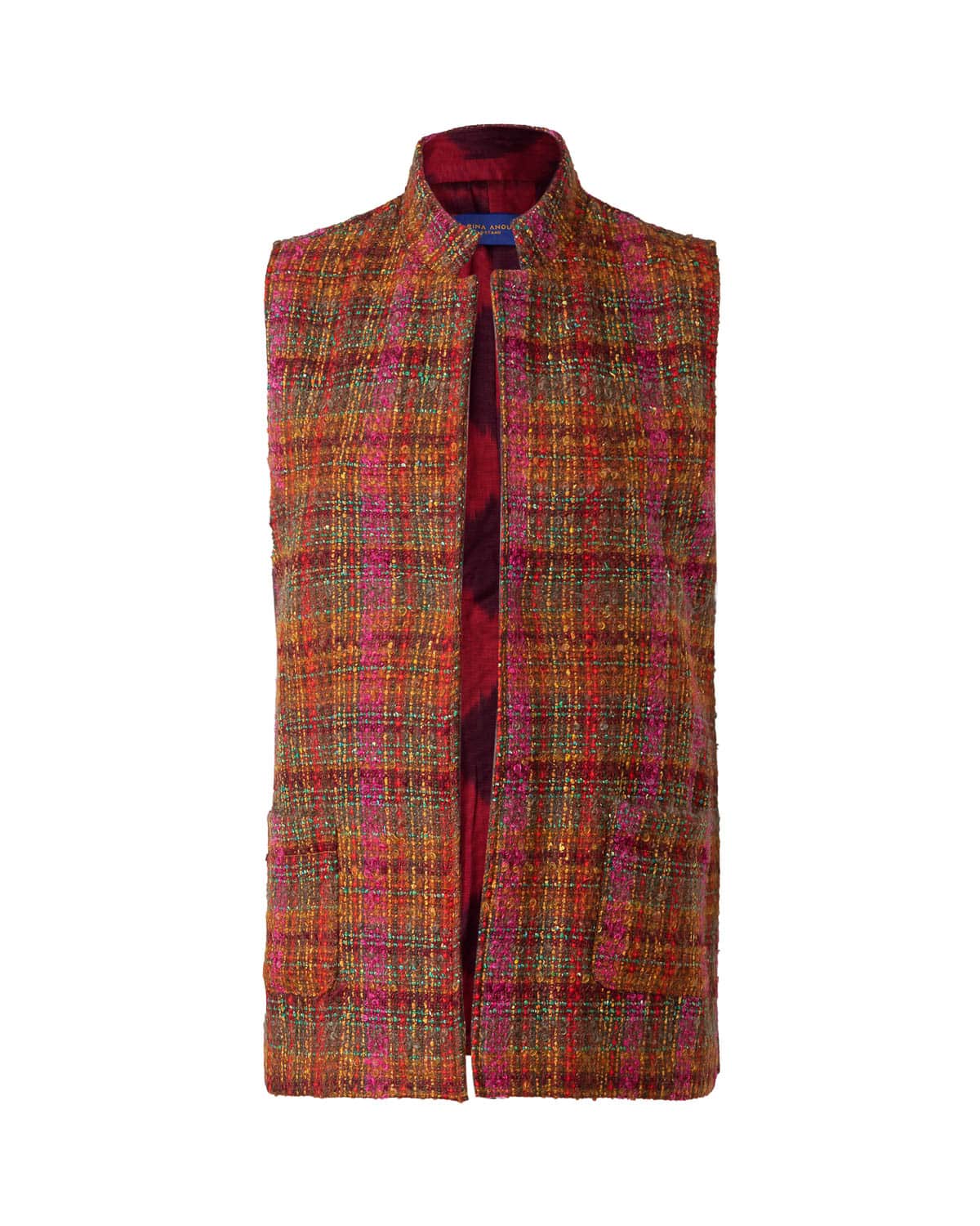 GILET NEHRU TARTAN BRICK AND FUSCHIA