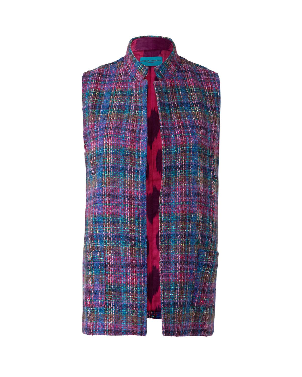 GILET NEHRU TARTAN BLUE AND FUSCHIA